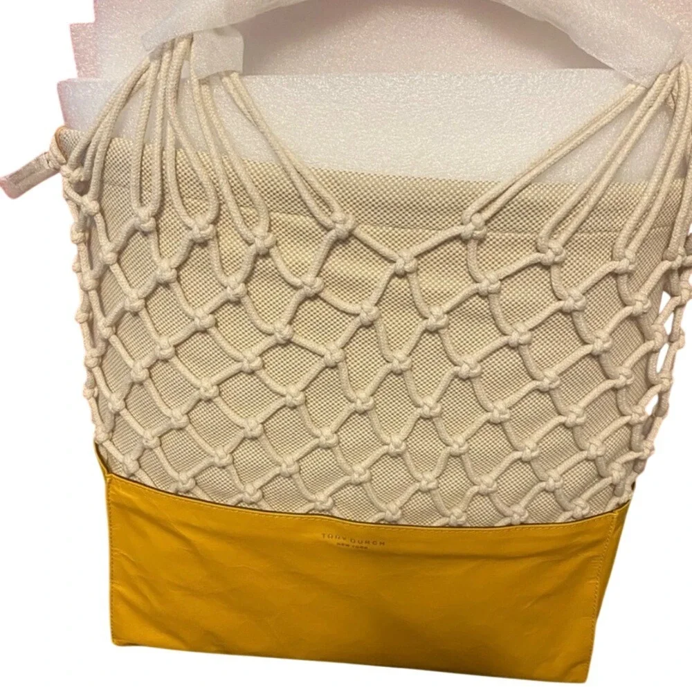 Tory Burch Tote Bag Net Crochet Leather Yellow‎ OS NWT MSRP $378